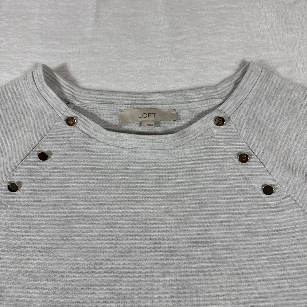 Loft 3/4‎ Sleeve Gold Embellished Grey Medium Weight Blouse Bottom Top Large - Picture 2 of 8
